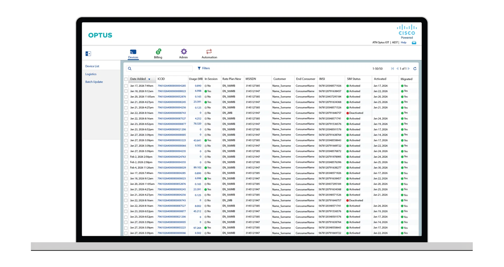 Jasper Platform — Device List View